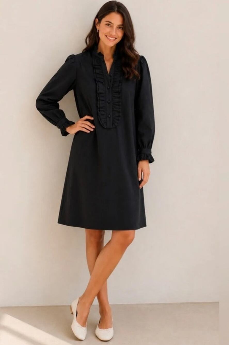 J.Crew Ruffle Bib Popover Dress Black XS Cotton Long Sleeve Cottagecore NWT
